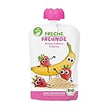 FRECHE FREUNDE Bio Quetschie Banane, Erdbeere & Quinoa, Fruchtmus mit Getreide im Quetschbeutel für Babys ab dem 6. Monat, glutenfrei, laktosefrei & vegan, 6-er Pack (6 x 100g)