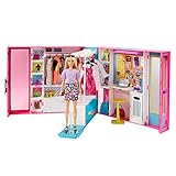 Barbie GBK10 - Traum Kleiderschrank mit blonder Puppe, +25 Zubehörteilen, 60 cm, +10 Aufbewahrungsbereiche, Ganzkörperspiegel, Tisch, Kleiderstange, 4 Outfits, Geschenk für Kinder von 3 bis 7 Jahren