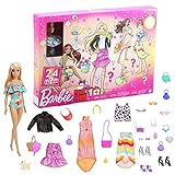 Barbie GYN37 - Adventskalender mit einer Barbie Puppe, 24 Überraschungen, Kleidung und Accessoires für Tag und Nacht, Spielzeug ab 3 Jahren